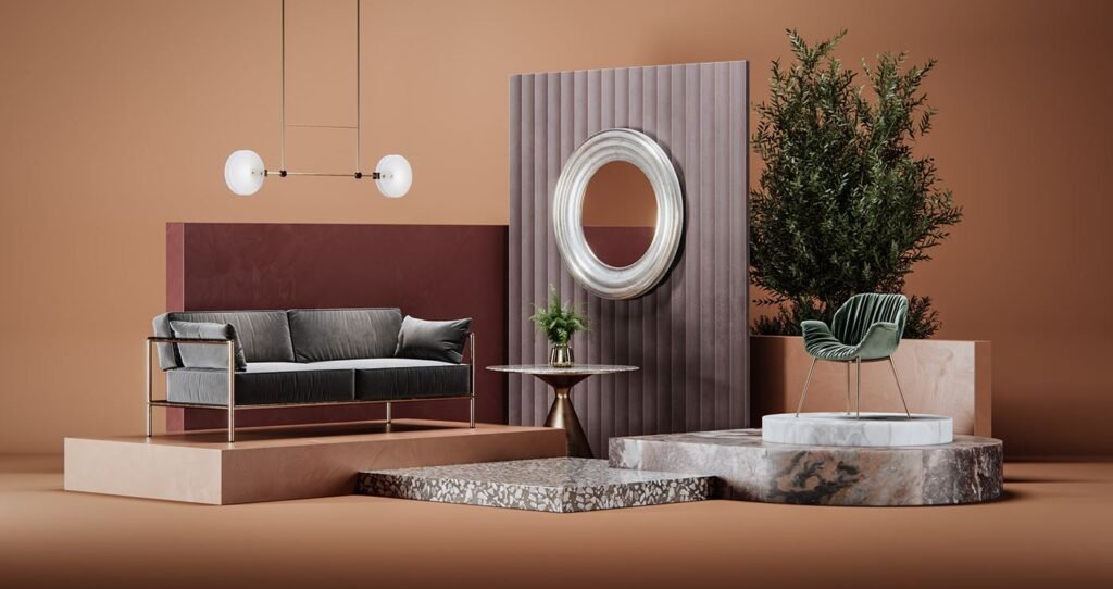 Modern interior studio set featuring luxury sofa, sculptural chair, decorative mirror, and textured platforms in warm neutral tones