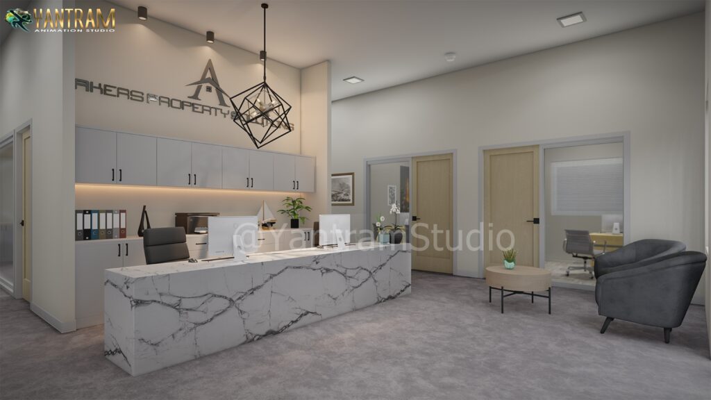 3D interior design studio, reception desk design office, design entrance