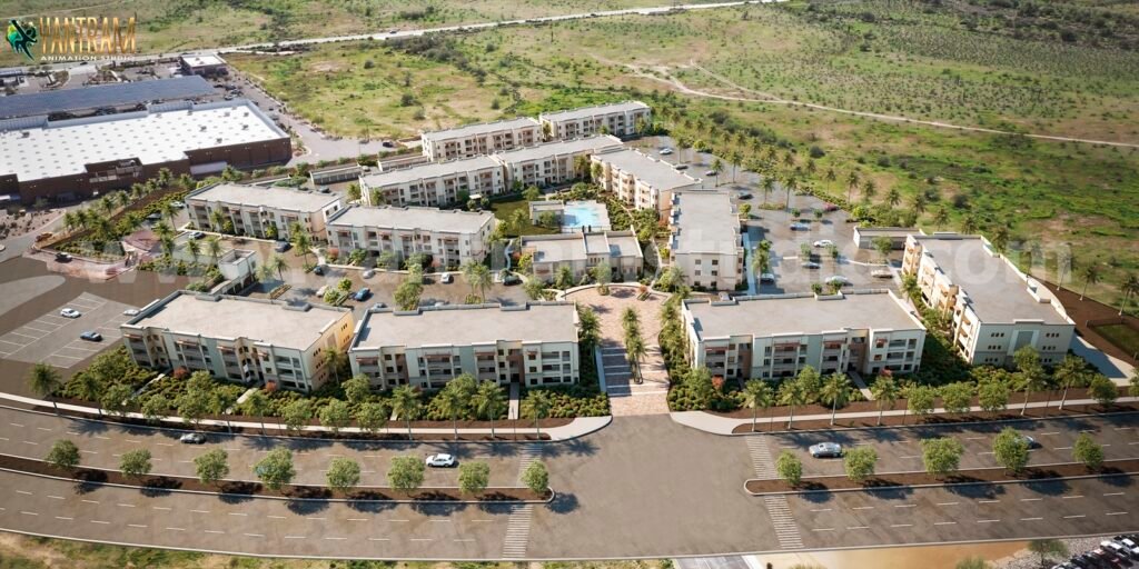 Aerial master-plan rendering of large development site with multiple building clusters and landscape features