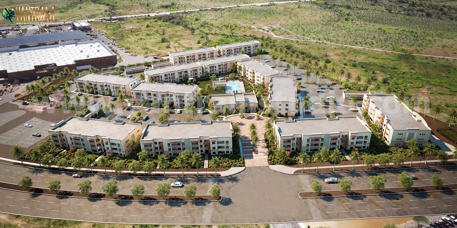 Aerial master-plan rendering of large development site with multiple building clusters and landscape features