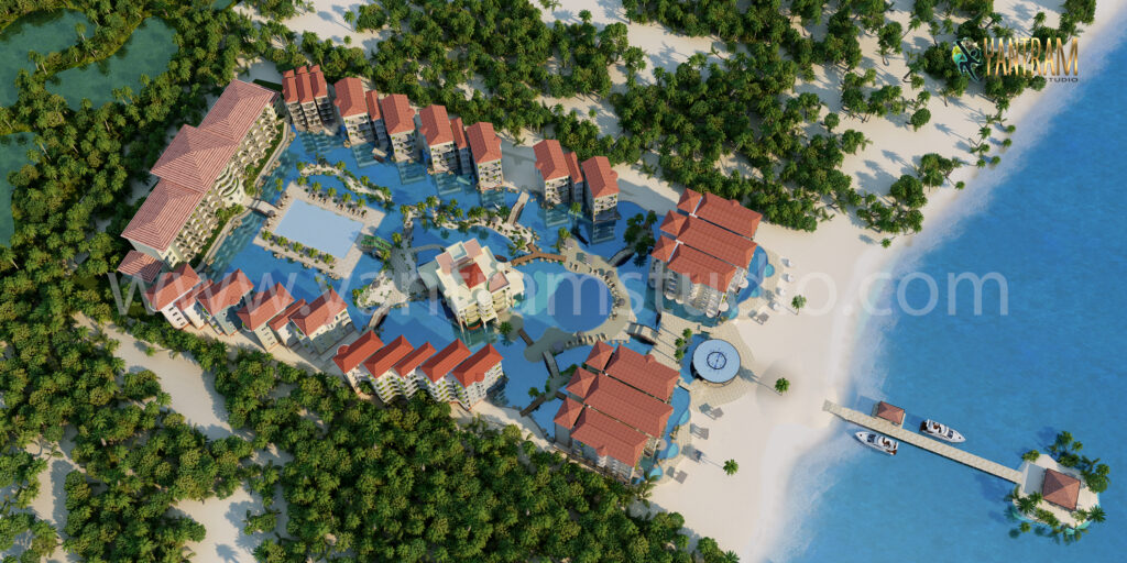 bird view, hotel resort 3D Floor Design of architectural rendering company, studio, creator, designers, services