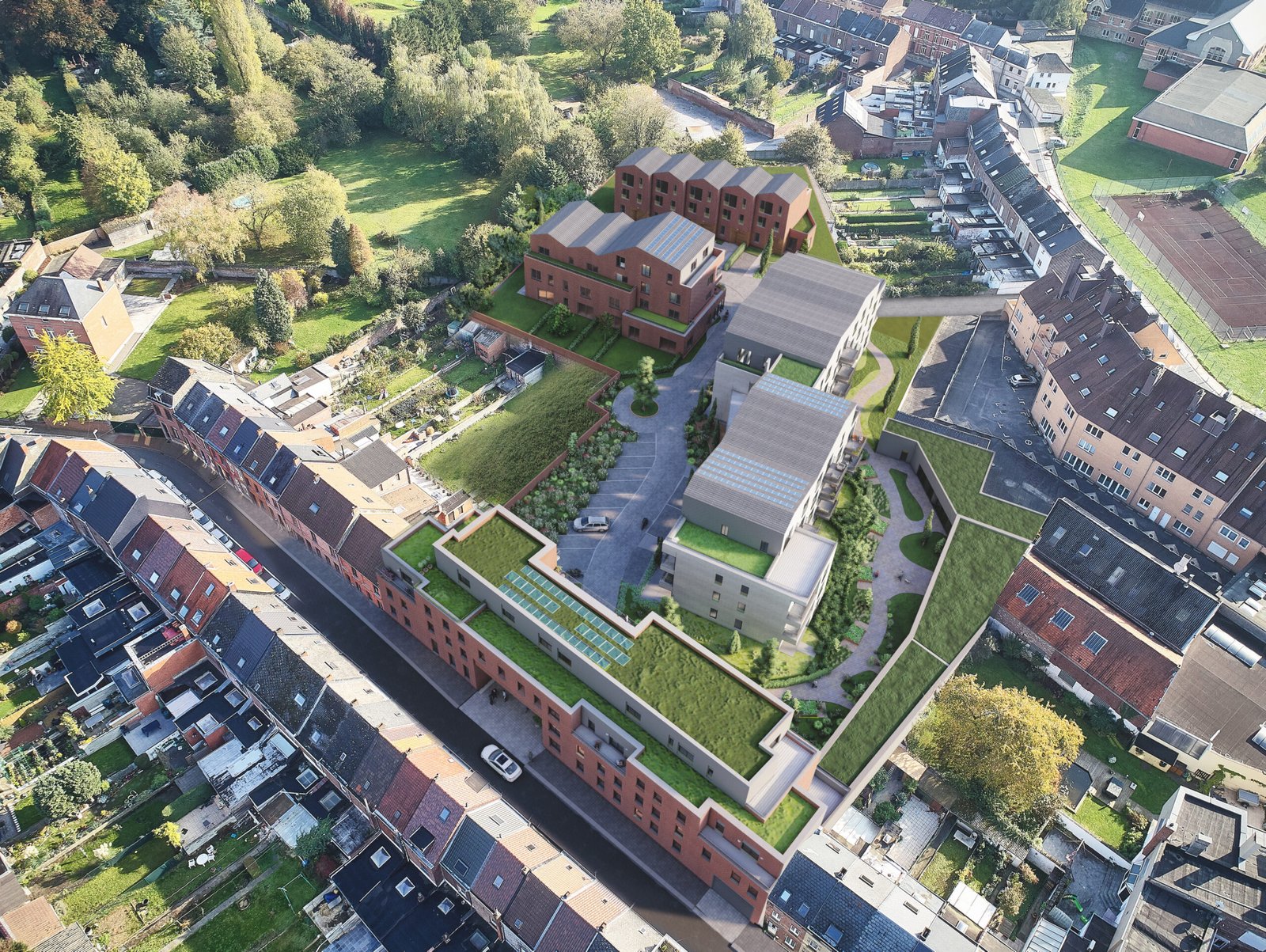 Aerial 3D visualization of a residential housing development featuring modern townhouses, green roof terraces, landscaped courtyards, and surrounding neighborhood streets. – 3D rendering by Yantram Studio