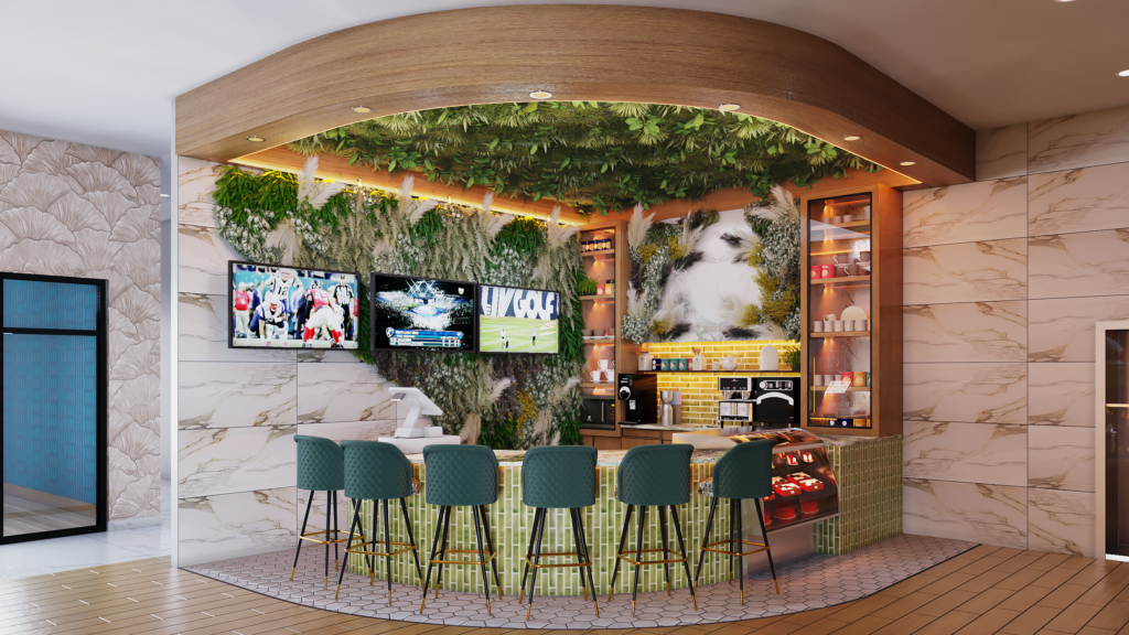 Modern Café Bar Interior 3D Rendering with Vertical Garden Wall 3D interior rendering of a modern café bar with green bar stools, wooden counter, lush vertical garden wall, warm lighting, and contemporary décor.