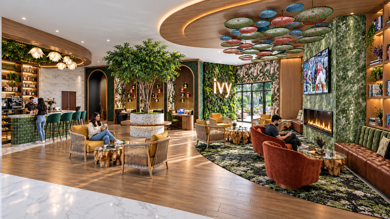 Trendy bar interior rendering with vibrant nightlife — Boutique Hotel 3D Visualization