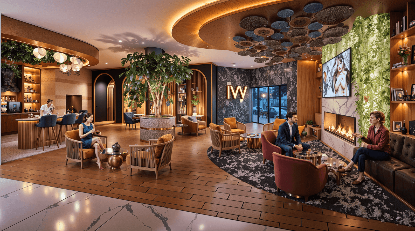 Luxury hotel lobby lounge with modern seating, fireplace, indoor plants, and a stylish bar area.