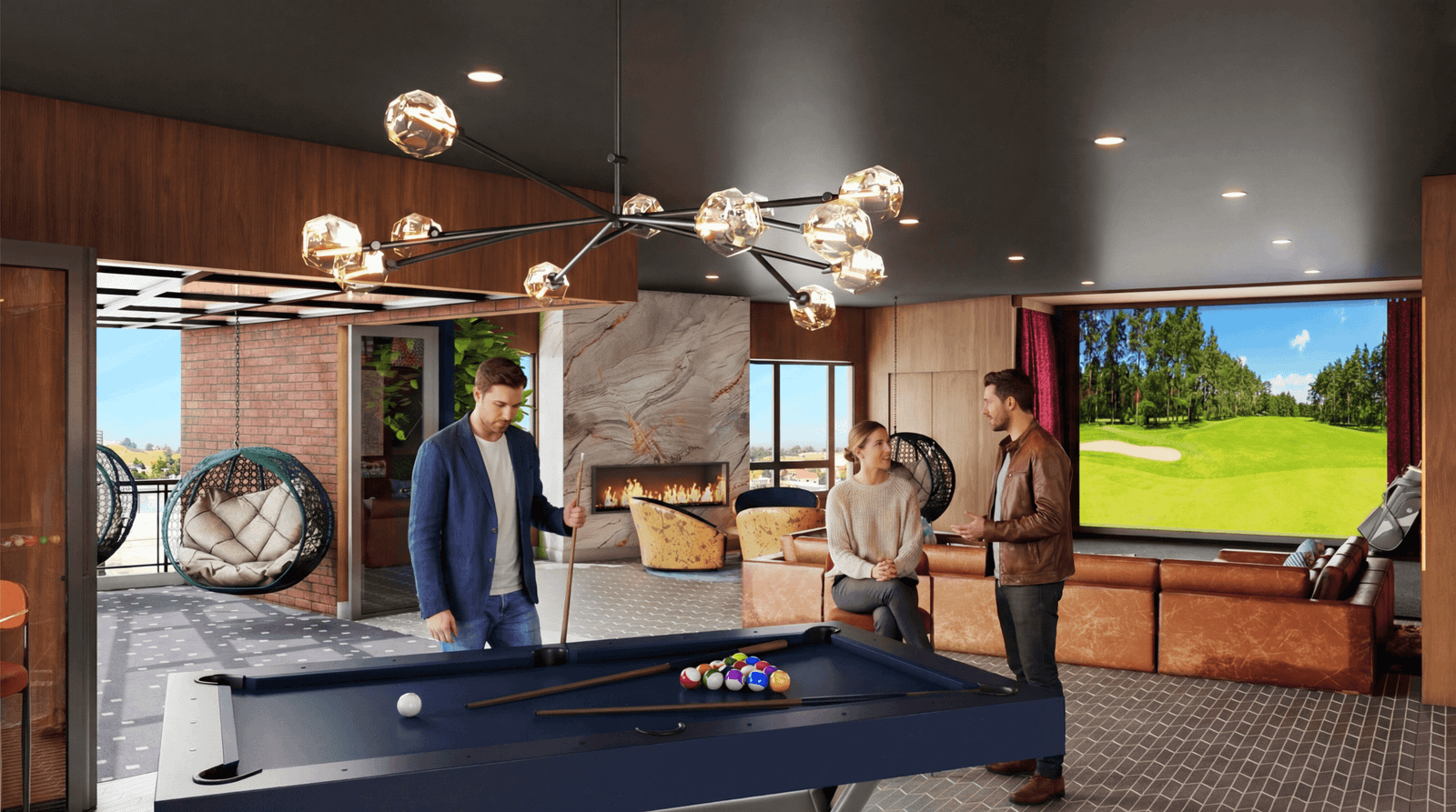 Modern gaming lounge with pool table, fireplace, large golf simulator screen, and people socializing. – 3D visualization by Yantram Studio,