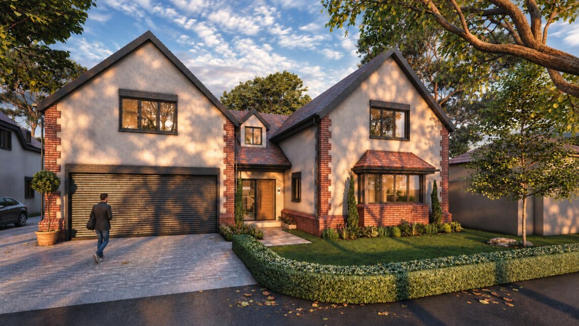 Modern Suburban Home Exterior 3D Rendering | Yantram Studio Modern suburban house exterior with brick accents, pitched roofs, and landscaped front yard