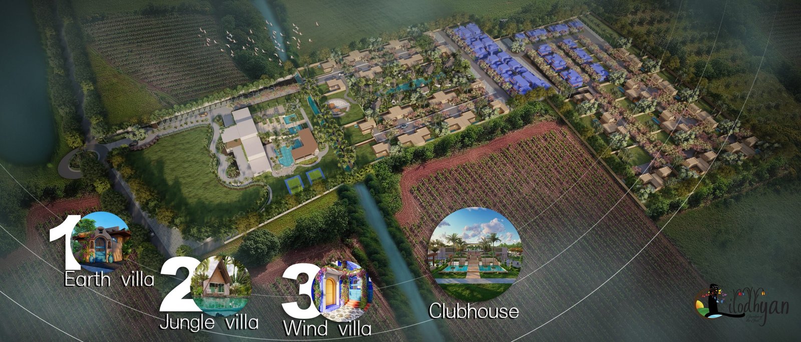 3d Bird, Arial rendering view, lake architectural rendering, site plan design, commercial architectural design like restaurant, club house, kids play zone, water park, boating, hotel, resort, villa, walk area, swimming pool, villa, home, bungalow at lilodhyan India