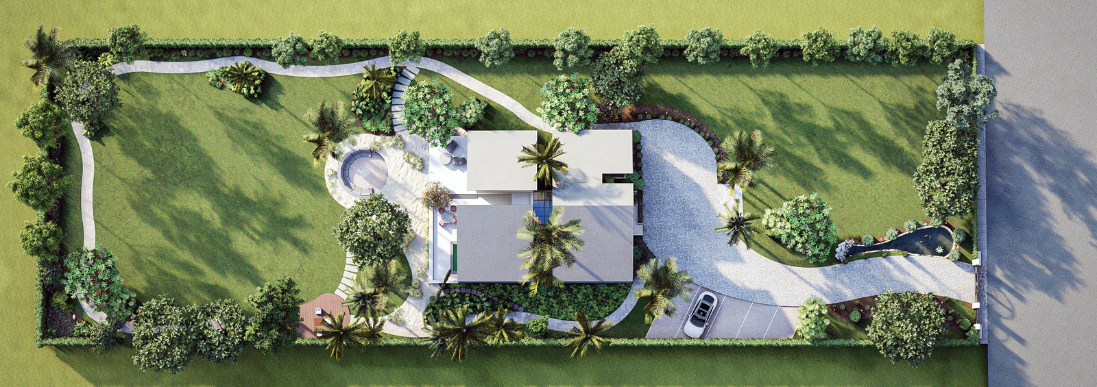 architectural, rendering, studio, animation, visualization, services, design, Idea, residential, firms, bungalow, home, house, mansion, 3D, company, agency, Garden, parking, pool, exterior, Bird View, Arial, landscape, 3d floor plan, site plan – 3D architectural visualization by Yantram Studio