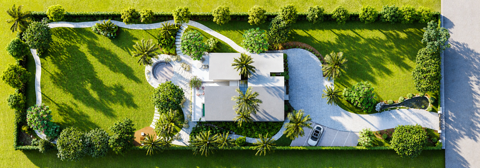 Aerial site plan rendering showing residential property with landscaping and grounds layout — Residential Floor Design Visualization