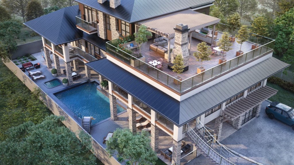 Modern Residential Building Exterior Rendering with Rooftop Pool Modern residential building exterior 3D rendering with rooftop terrace, swimming pool, and contemporary architecture.