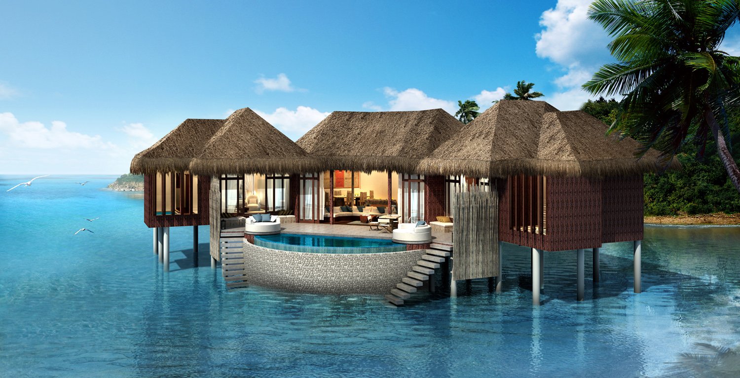 Luxury overwater villa 3D rendering with wooden deck, ocean view, and tropical architecture. – 3D visualization by Yantram Studio