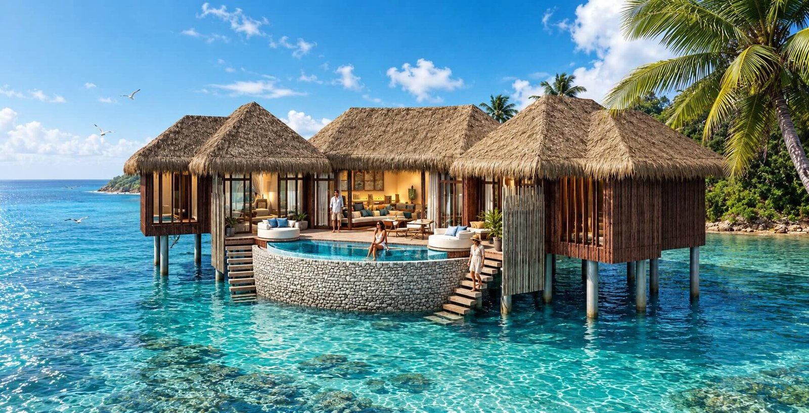 Luxury overwater villa 3D rendering with wooden deck, ocean view, and tropical architecture. – 3D visualization by Yantram Studio
