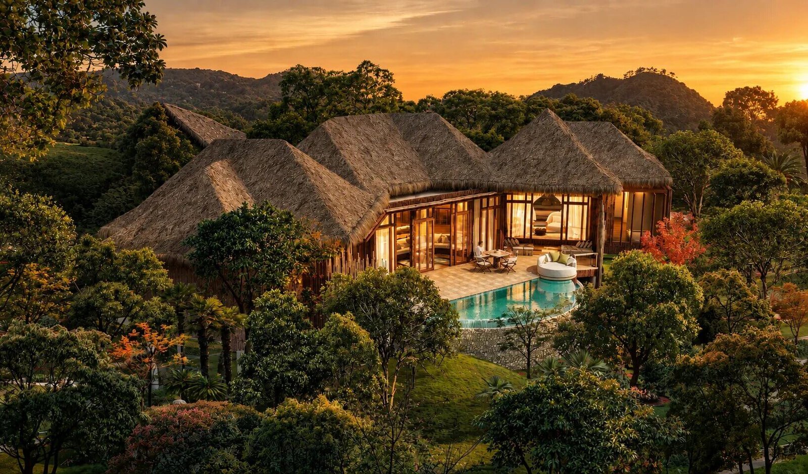 3D architectural rendering of a luxury tropical resort villa with thatched roofs, illuminated pool, and lush forest landscape at sunset. – 3D exterior rendering by Yantram Studio