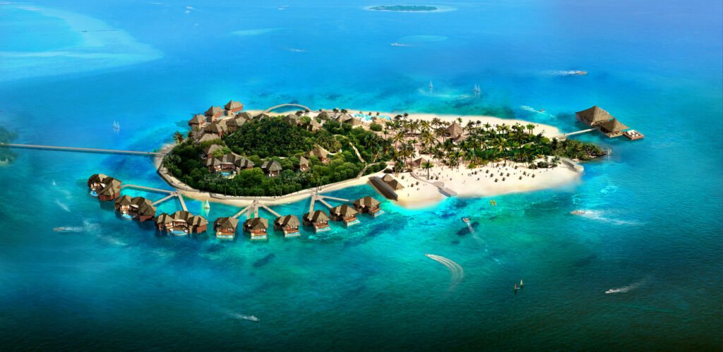 Luxury Island Resort Aerial 3D Visualization Luxury tropical island resort aerial 3D rendering with overwater villas, beach, and turquoise ocean.