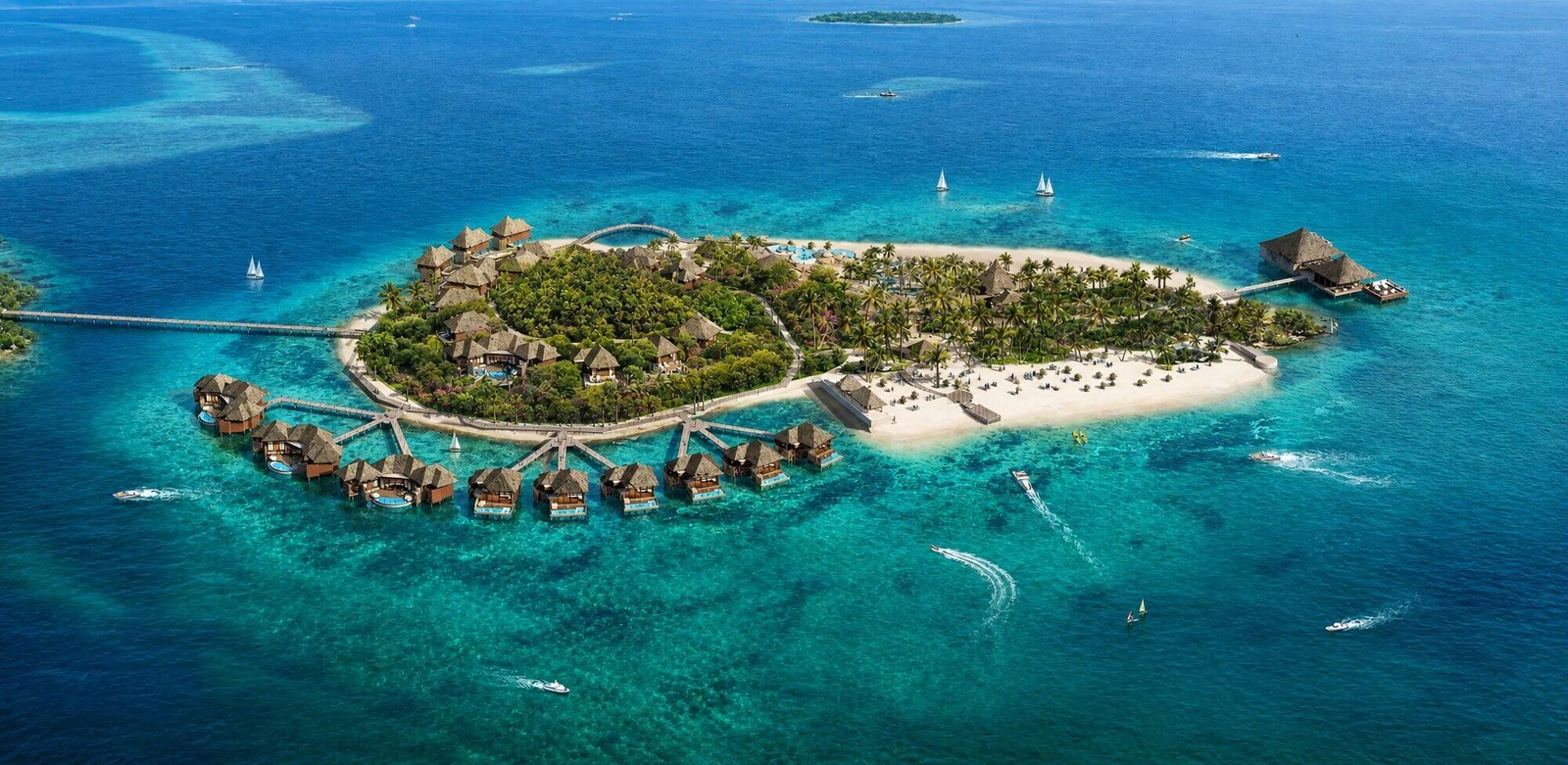 Bird view rendering of a luxury island resort — Aerial 3D Visualization Studio Brazil