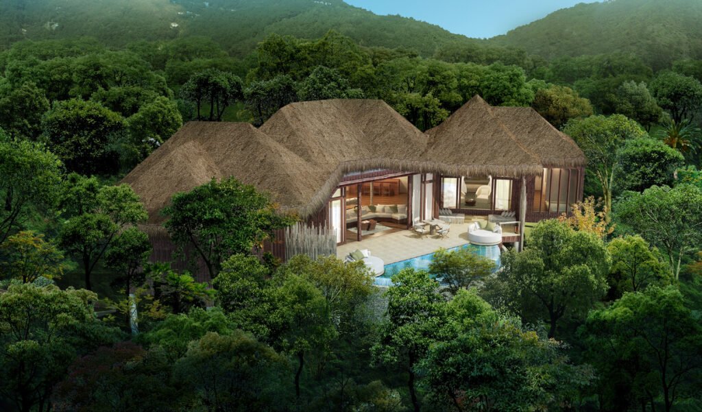 Luxury Jungle Villa with Thatched Roof and Private Infinity Pool Secluded luxury villa surrounded by dense tropical forest, featuring a thatched roof, open glass façade, warm interior lighting, and private infinity pool overlooking lush hills.