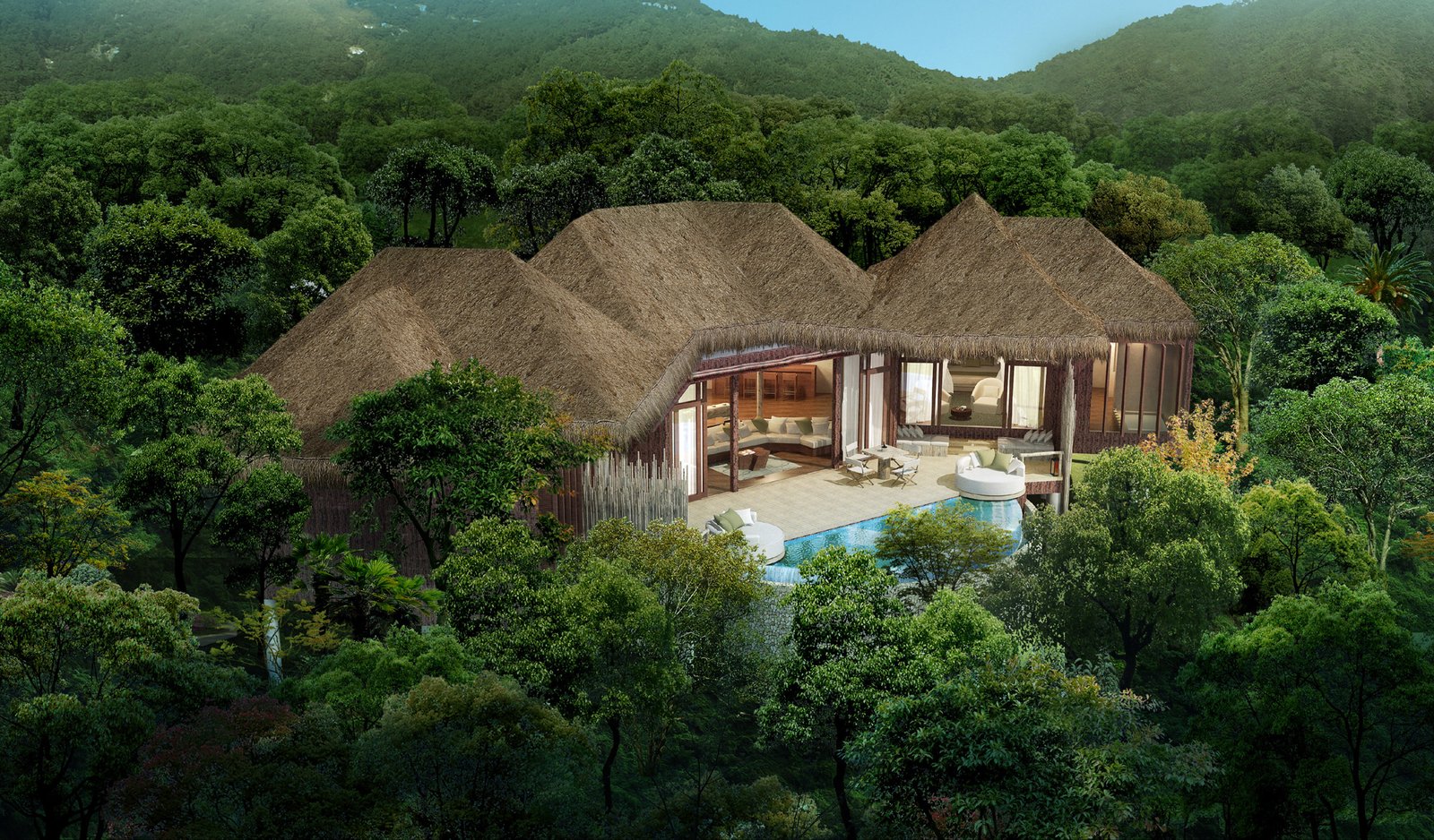Photorealistic 3D rendering of a luxury jungle resort villa with thatched roof, expansive glass walls, private pool, and lush forest surroundings by Yantram Studio. – 3D architectural visualization by Yantram Studio