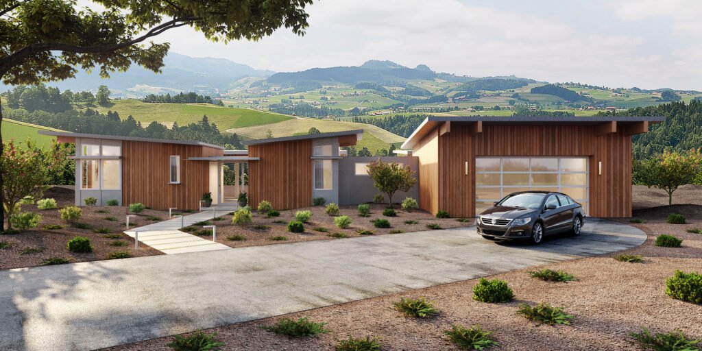 Modern Single-Story Ranch Home with Wood Cladding and Mountain Backdrop Contemporary single-story ranch-style home with horizontal wood cladding, attached garage, wide driveway, landscaped desert yard, and scenic mountain background.