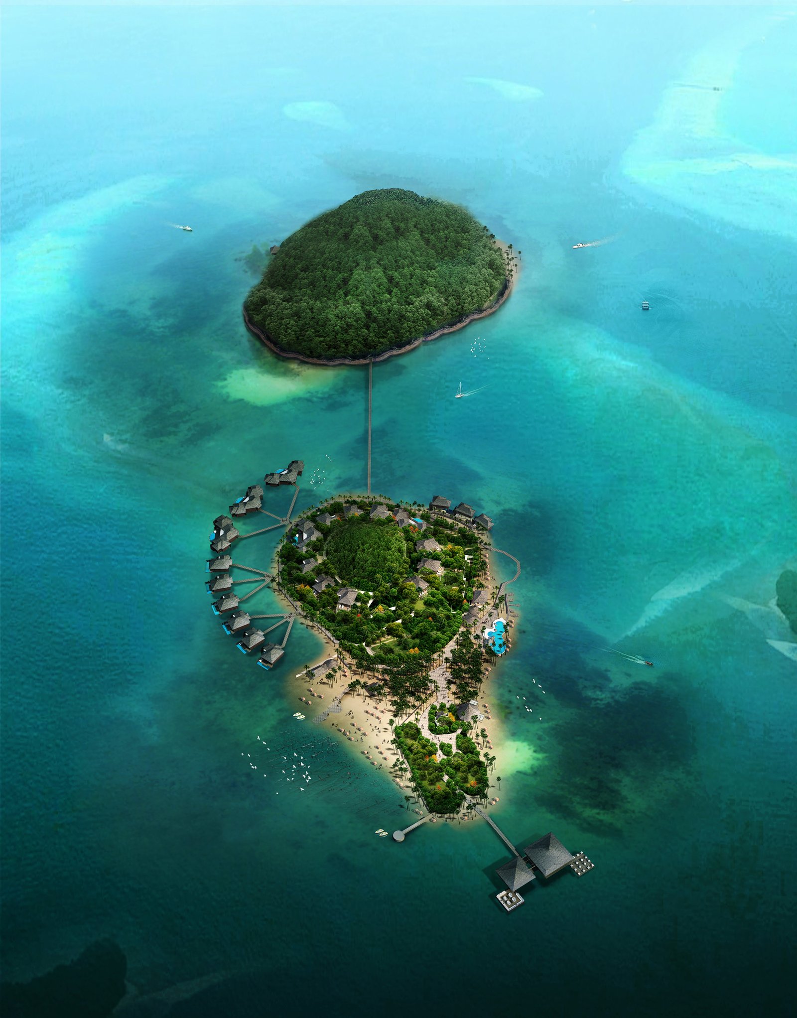 Luxury Mediterranean villa front elevation with rooftop infinity pool, landscaped garden, and street view at sunset