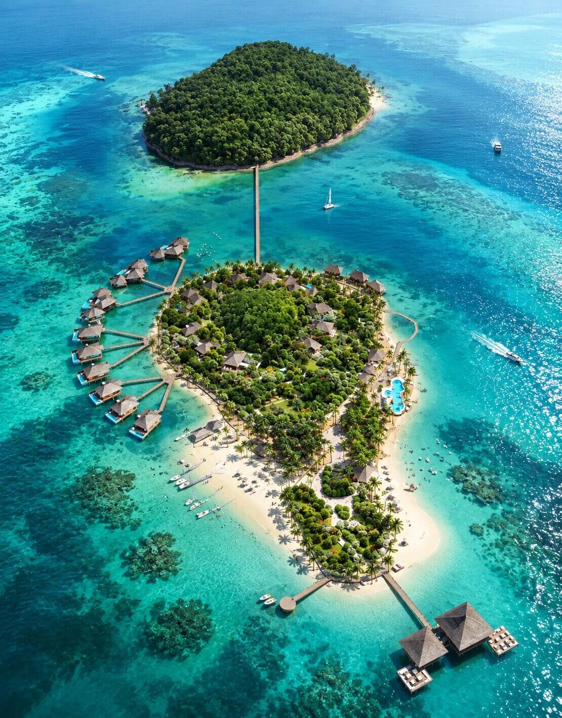 3D rendering of an island resort from above — Aerial 3D Visualization Company Brazil