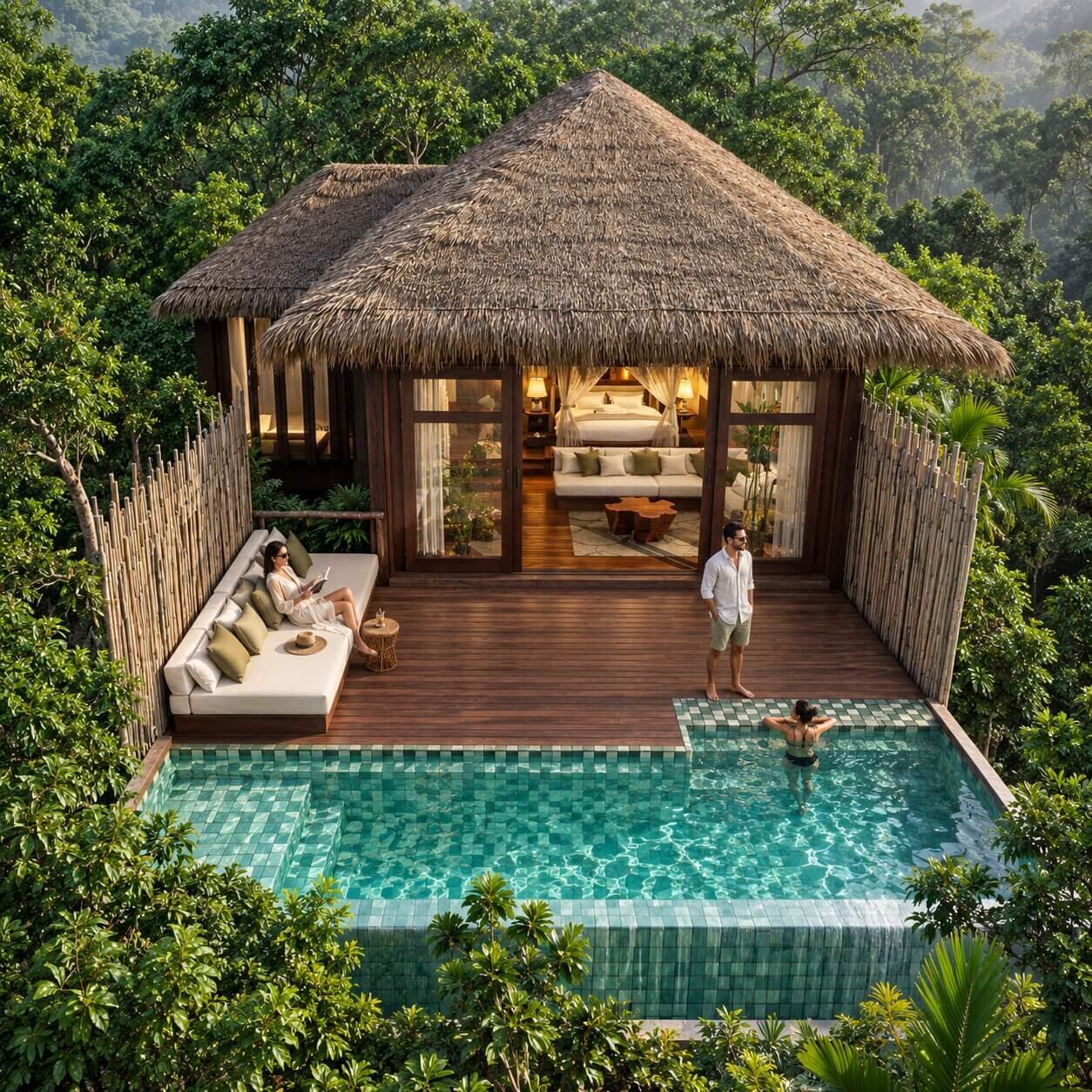 Modern rustic lodge-style building with timber siding, gabled roof, covered entrance porch, parking area, and forest surroundings. – 3D rendering by Yantram Studio