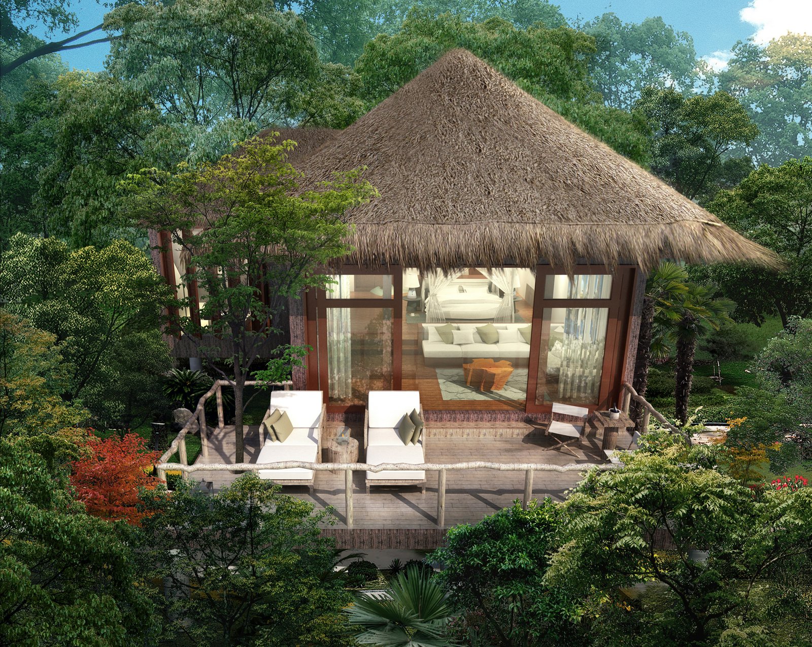 Luxury overwater villa 3D rendering with wooden deck, ocean view, and tropical architecture. – 3D architectural visualization by Yantram Studio