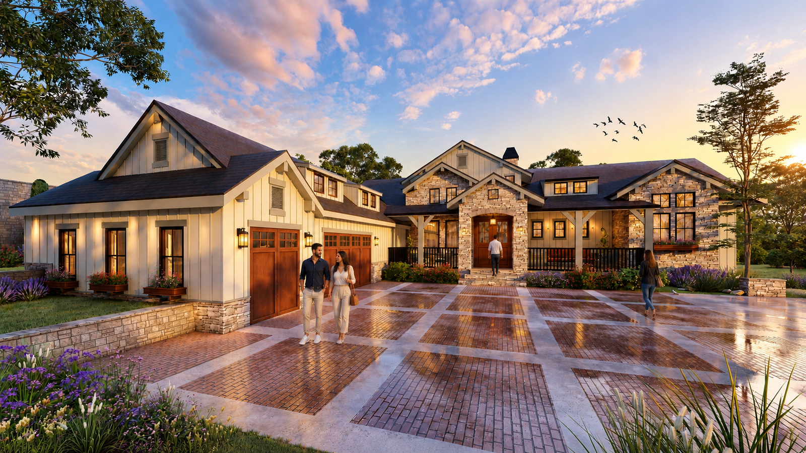 Luxury modern farmhouse exterior 3D rendering with driveway, garage doors, landscaped garden, and warm evening lighting.– 3D interior rendering by Yantram Studio