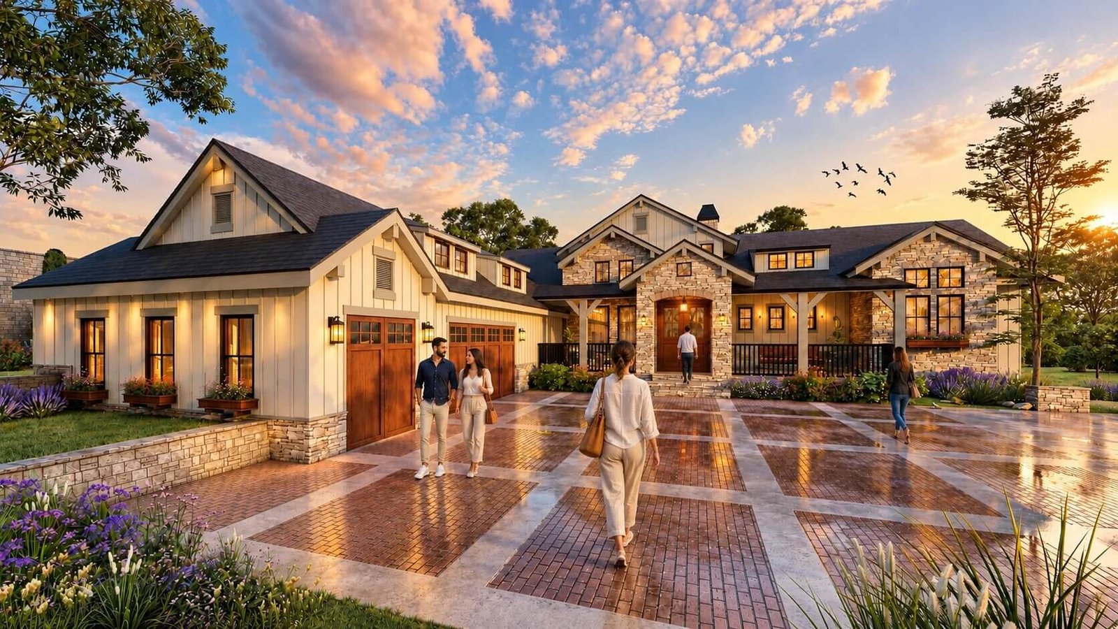 Luxury modern farmhouse exterior 3D rendering with driveway, garage doors, landscaped garden, and warm evening lighting.– 3D interior rendering by Yantram Studio