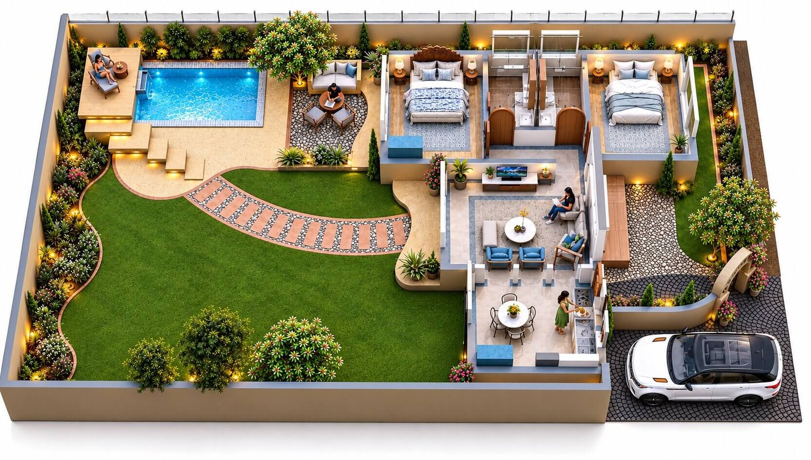 3D floor plan of a house with a pool and garden