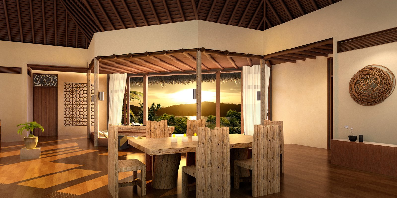 Luxury classical villa exterior with arched façade, columns, and warm night lighting surrounded by palm trees