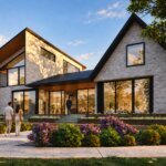 Contemporary Gabled Residence with Modern Detailing Modern contemporary house with sloped rooflines, mixed stone and wood façade, large glass windows, and landscaped garden beds.