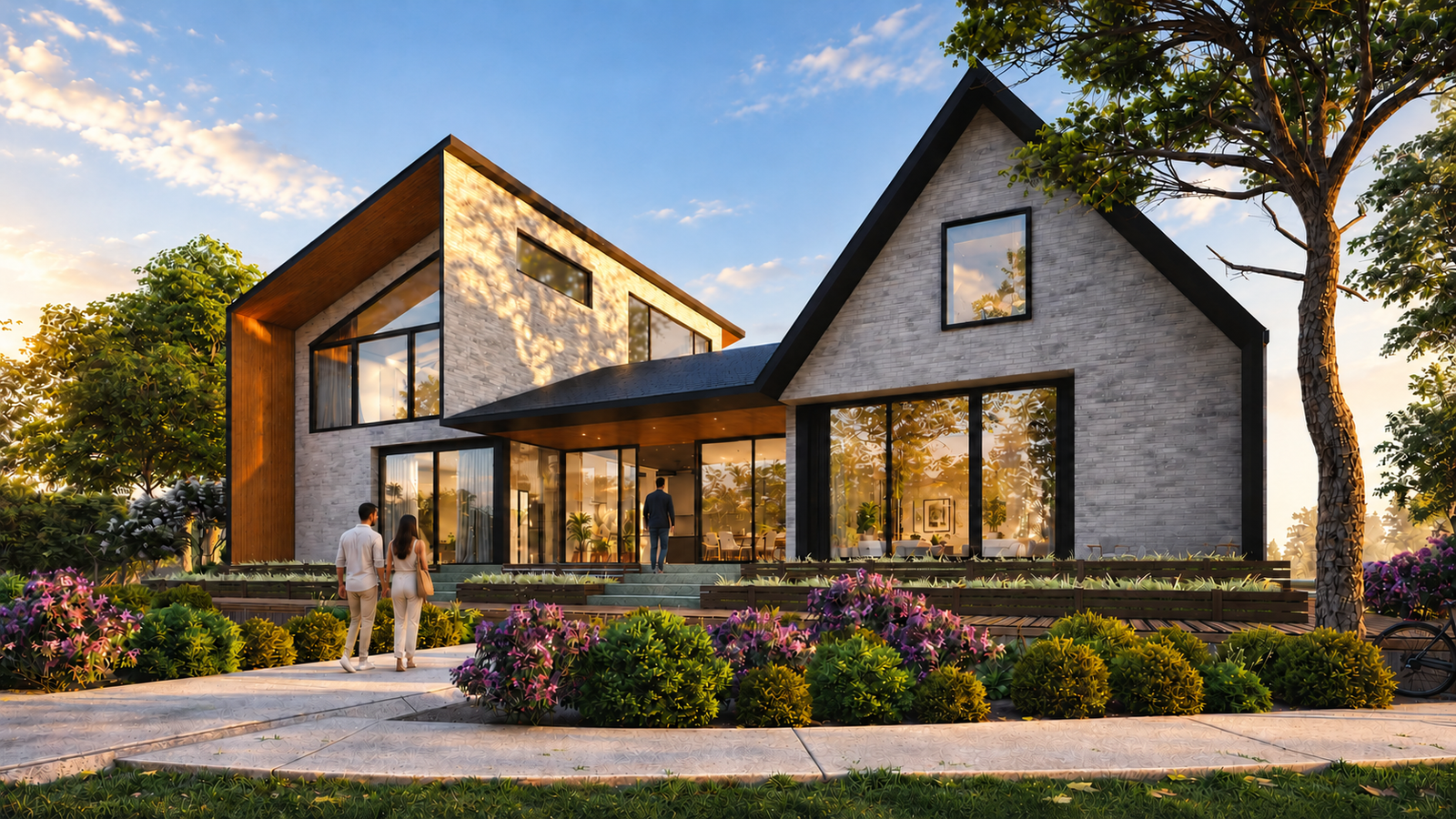 Modern residential house exterior 3D rendering with sloped roof design, large glass windows, landscaped garden, and warm evening lighting
