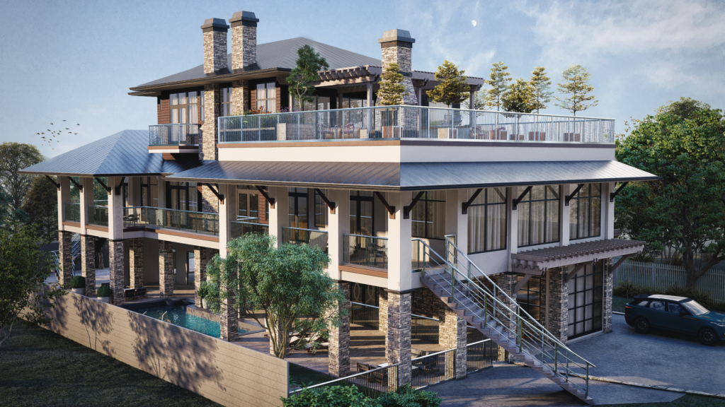 Modern Multi-Level Commercial Building Exterior – 3D Architectural Visualization Modern multi-level commercial building with rooftop terrace, exterior staircase, large glass windows, and contemporary mixed-material façade design.