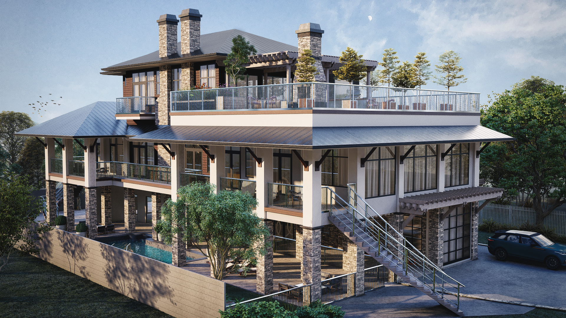 architectural, rendering, studio, animation, visualization, services, design, view, Idea, residential, home, bungalow, exterior, Perspective, mansion, 3D, companies, garden, villa, house, Arial, pool, parking, balcony