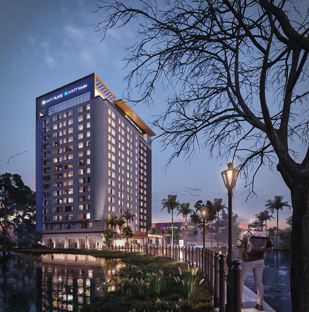 Luxury hotel tower exterior 3D rendering at dusk with waterfront reflection, palm trees, and illuminated architectural façade. – 3D rendering by Yantram Studio