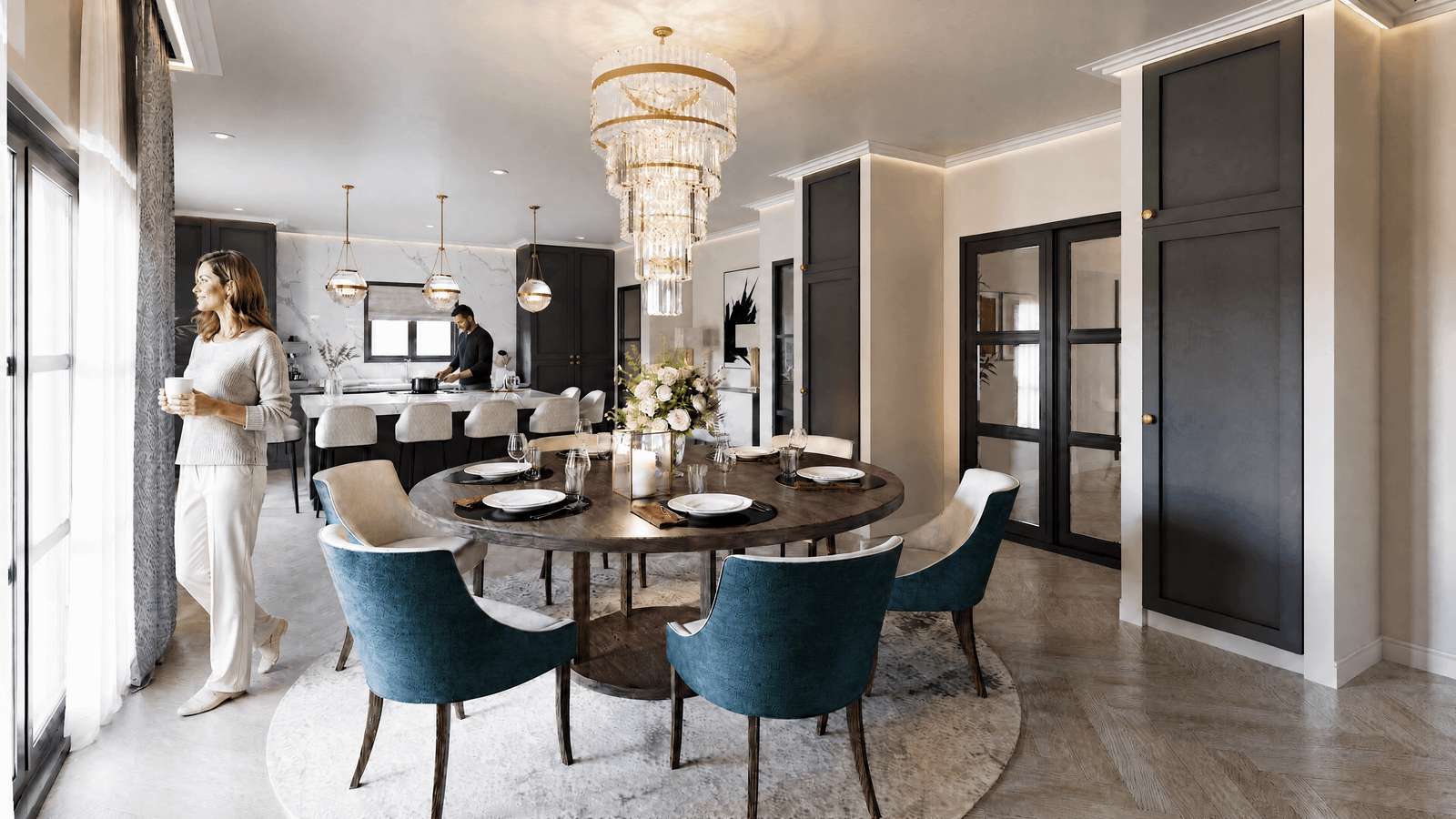 Elegant dining room with round wood table and teal chairs — Cinematic Animation Techniques