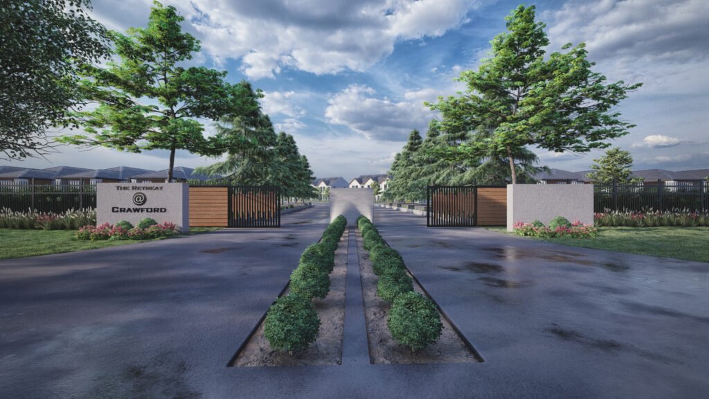 Gated community entrance 3D rendering with landscaped driveway, security gate, trees, and modern residential neighborhood