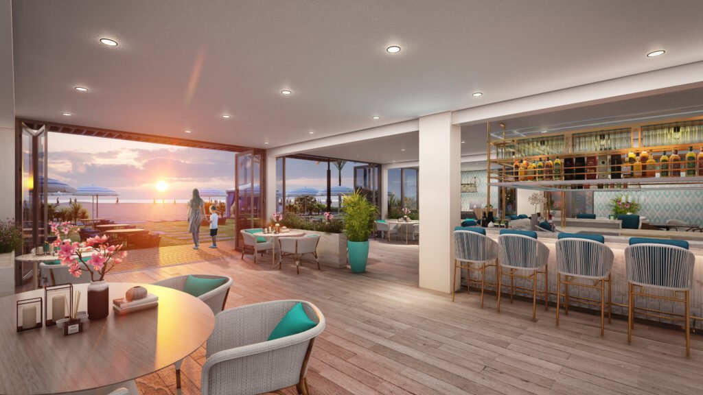 Luxury Rooftop Restaurant Interior with Sunset Terrace View Luxury rooftop restaurant interior with open glass doors, sunset ocean view, wooden flooring, bar seating with teal chairs, and indoor-outdoor dining terrace.