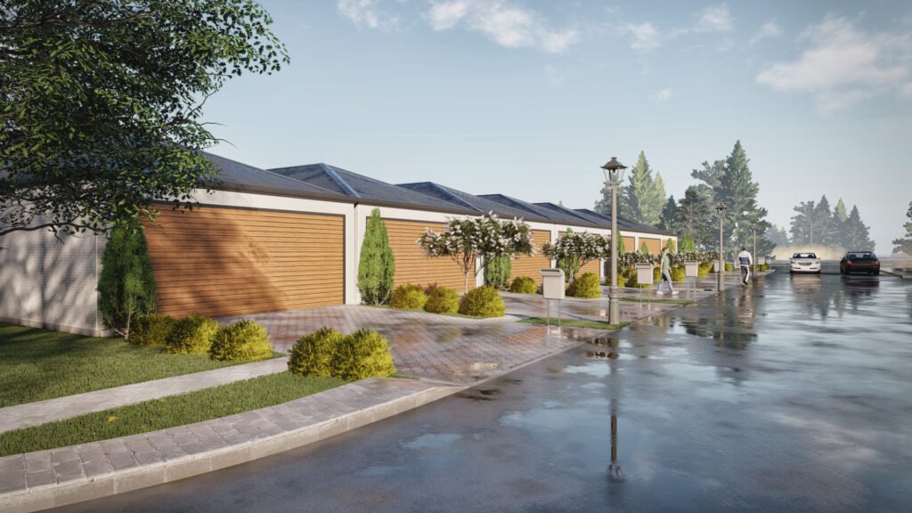 Modern residential street 3D rendering with row houses, wet pavement reflections, landscaped sidewalks, and street lighting