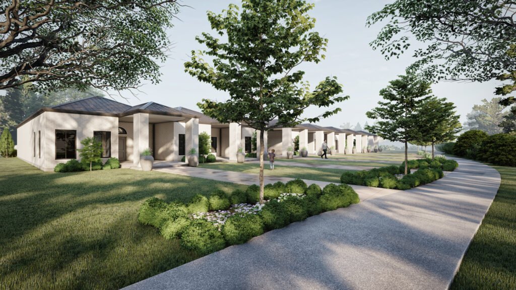 Modern residential villa community 3D rendering with landscaped pathway, greenery, and single-story homes in a peaceful environment