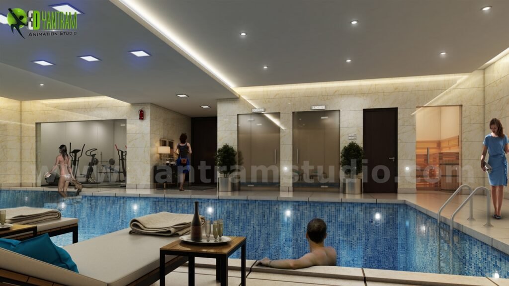 Luxury indoor swimming pool 3D rendering with spa area, lounge seating, and modern lighting design