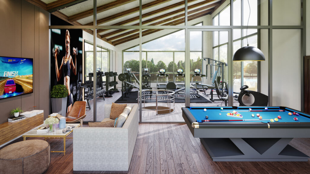 club house, gym, pool table room, gaming zone,resort, interior design idea 3d rendering studio 1072