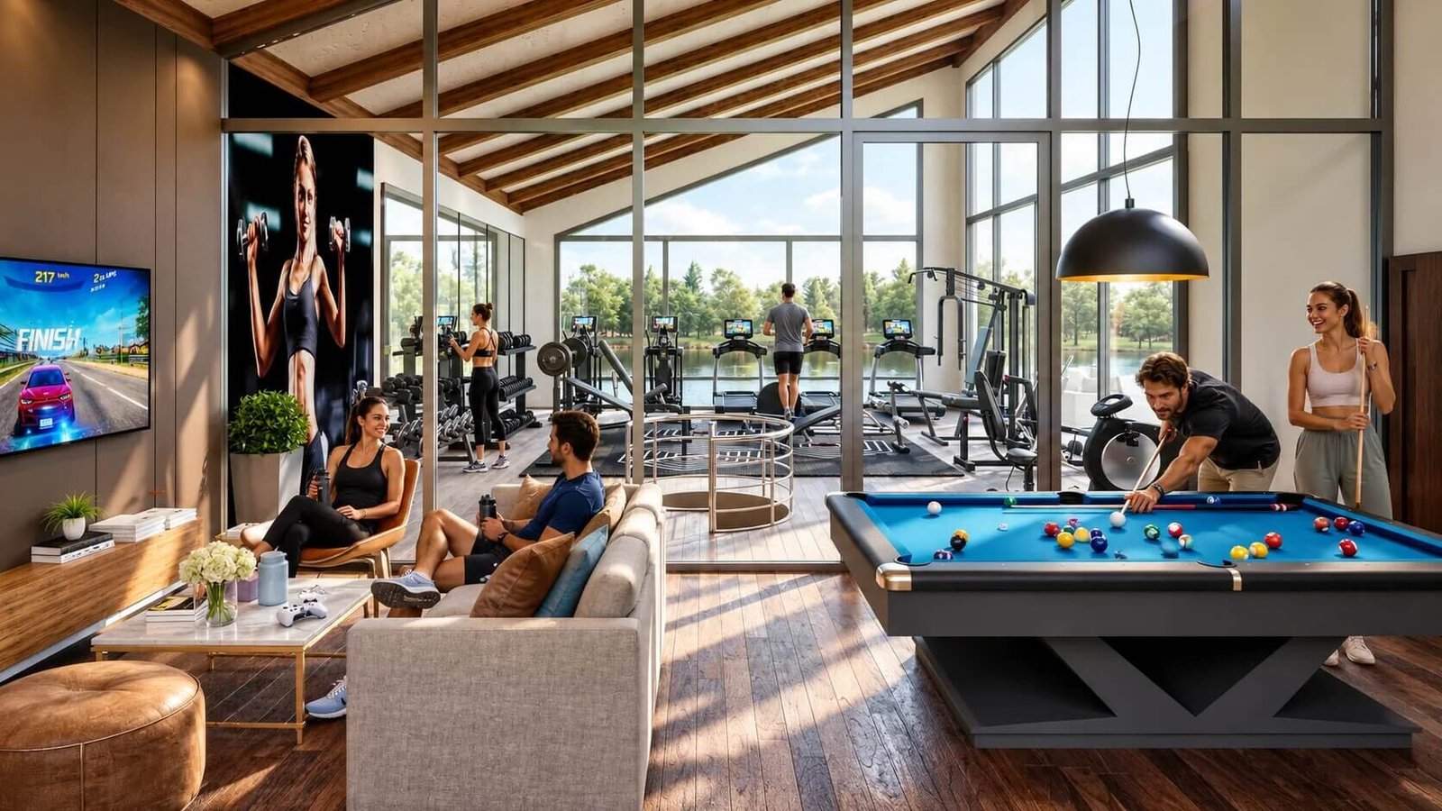 Interior design of a club house with a pool table and gym