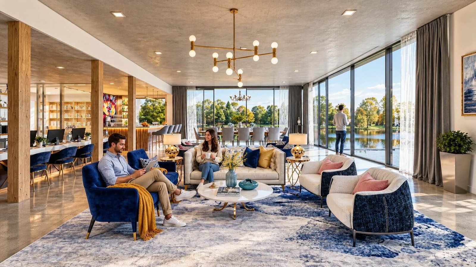 Modern waiting room interior design with elegant furnishings — Boutique Hotel 3D Visualization