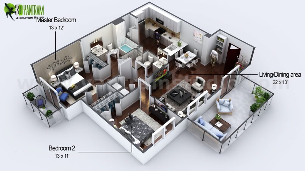 Two-bedroom apartment floor plan showing master bedroom 13x12, second bedroom 13x11, living/dining area 22x13, and balcony access