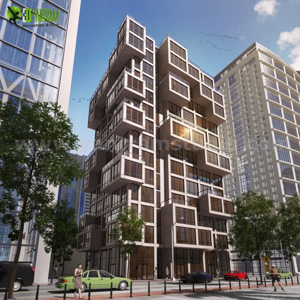 Modern high-rise residential building 3D rendering with geometric facade, urban street view, and surrounding cityscape