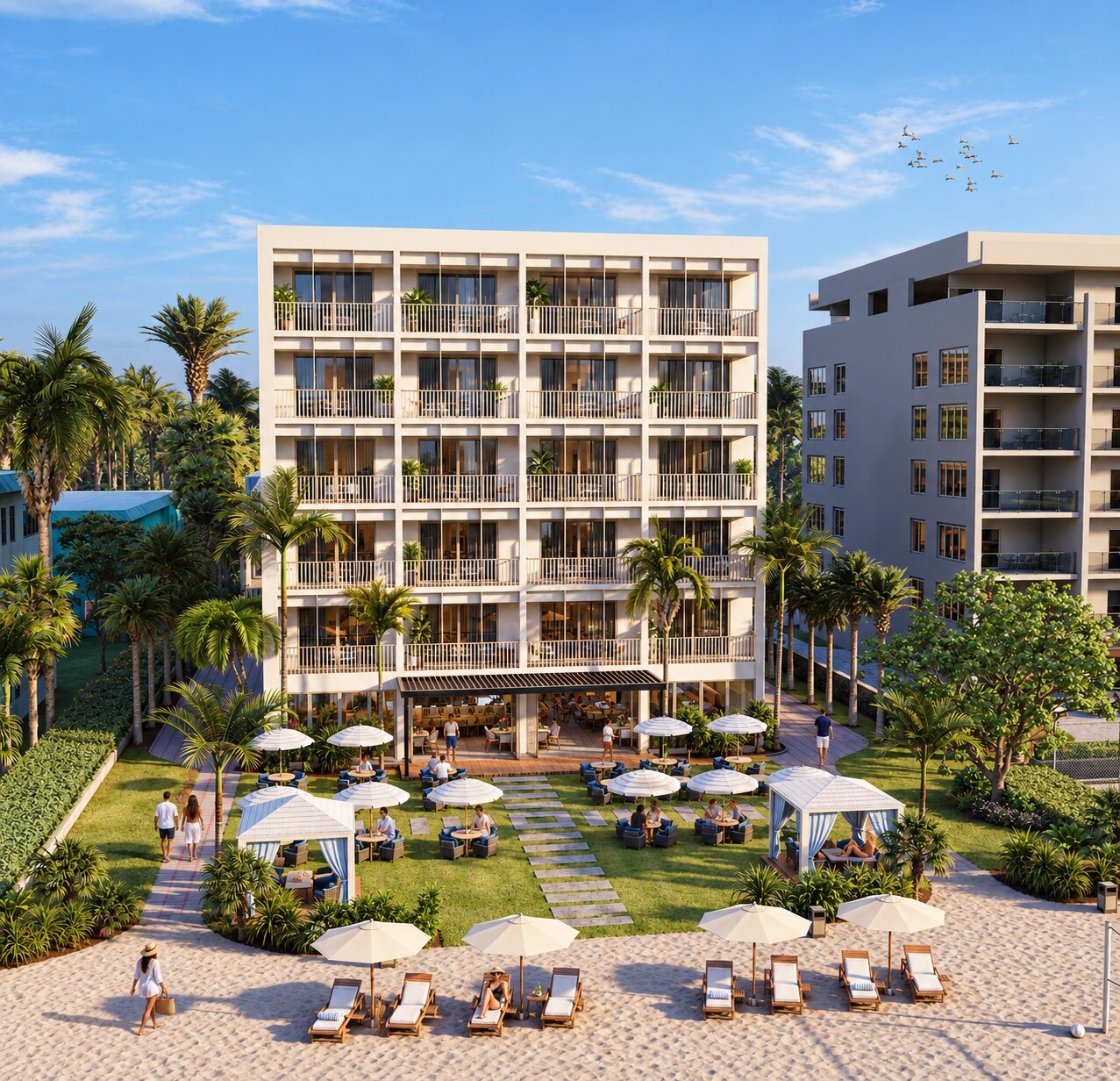 Modern residential or hotel tower with regular fenestration pattern and ground-level courtyard landscaping in daylight — Hospitality Architectural Rendering Australia