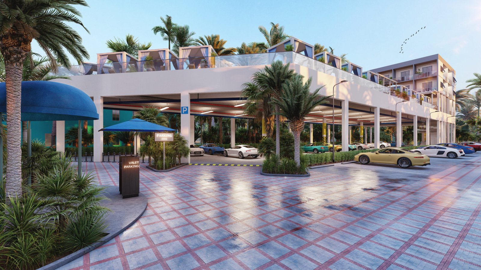 Hotel parking forecourt and entry canopy with vehicles, palm trees, paving and modern facade in warm light