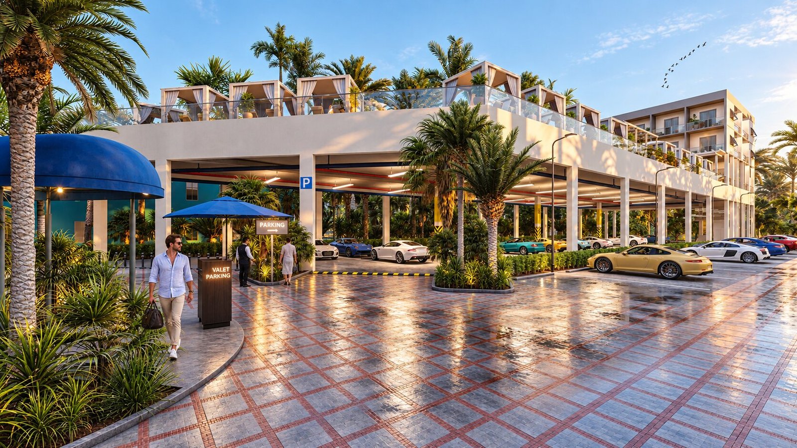 Hotel parking forecourt and entry canopy with vehicles, palm trees, paving and modern facade in warm light — Hotel Exterior Visualization Australia